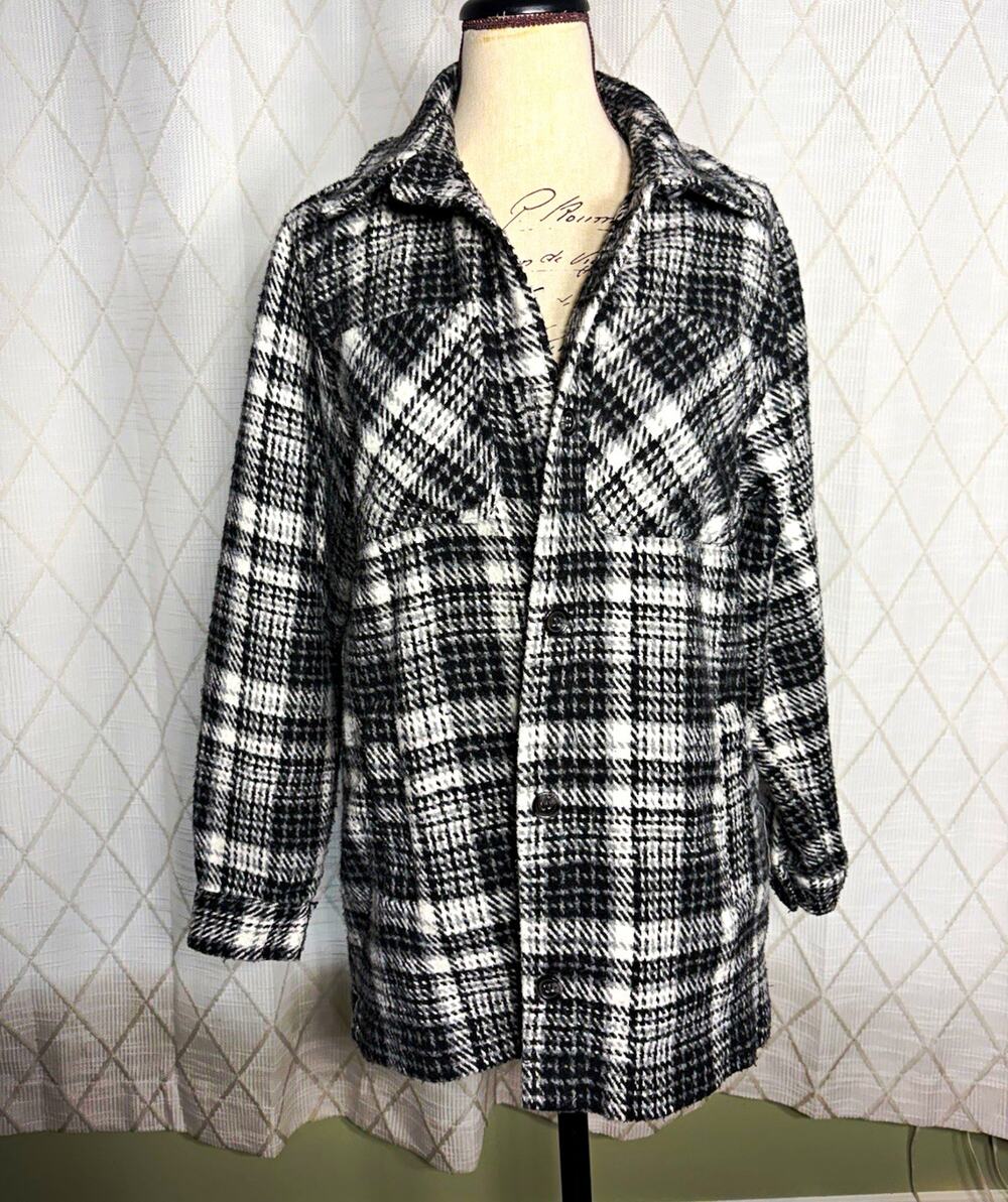 STOOSH Women's Black/White Plaid  Shacket Coat Cotton Wool Blend S